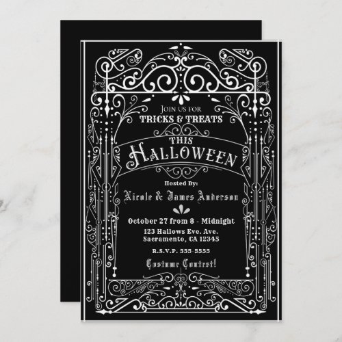 Black  White Vintage Victorian Deco Halloween Invitation