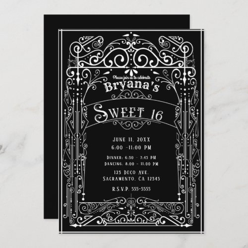 Black  White Vintage Victorian Deco Sweet 16 Invitation