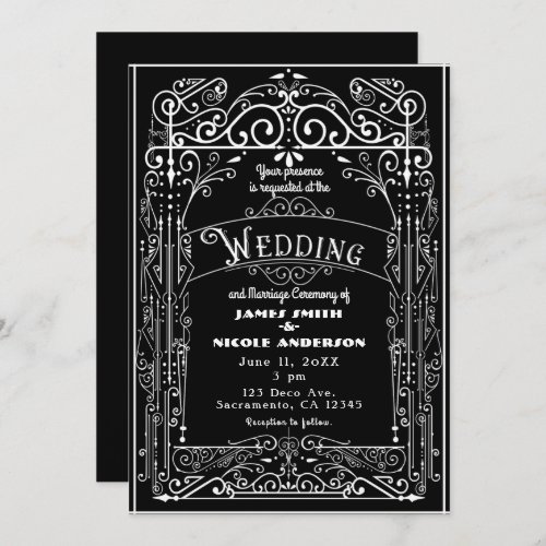 Black  White Vintage Victorian Deco Wedding Invitation