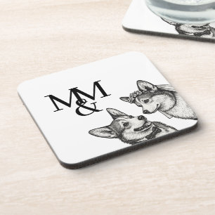 Black & White Vintage Whimsical Corgi Wedding  Beverage Coaster