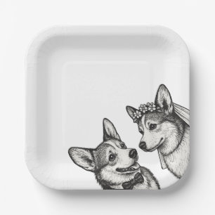Black & White Vintage Whimsical Corgi Wedding Paper Plates