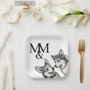Black & White Vintage Whimsical Corgi Wedding Paper Plates