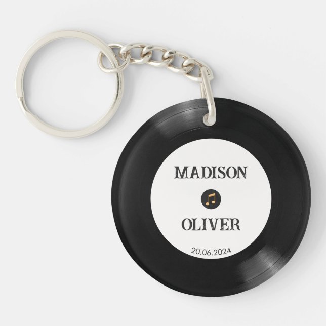 Black White Vinyl Record Photo Name Date Wedding Keychain (Front)