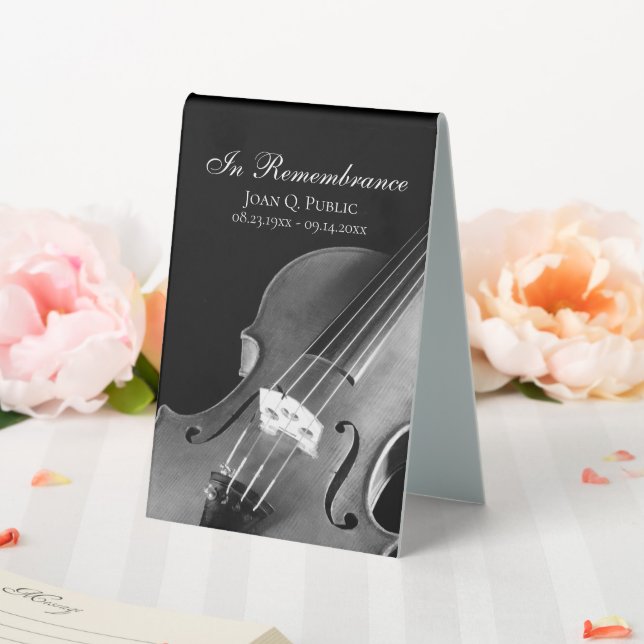 Black White Violin Musician Celebration of Life Table Tent (In SItu (Wedding))
