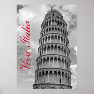 Black White Viva Italia Leaning Tower of Pisa Poster