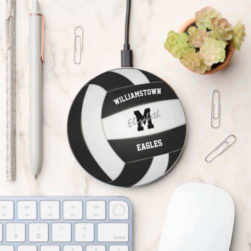 black white volleyball athlete name monogram wireless charger 