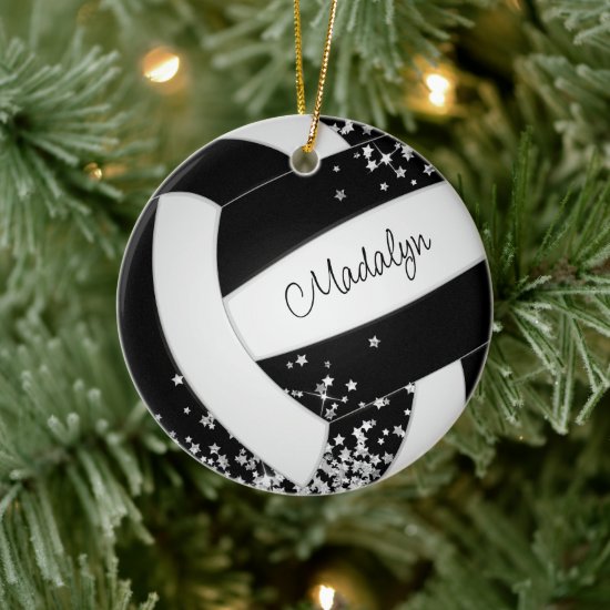 black white volleyball with tiny silver stars ceramic ornament