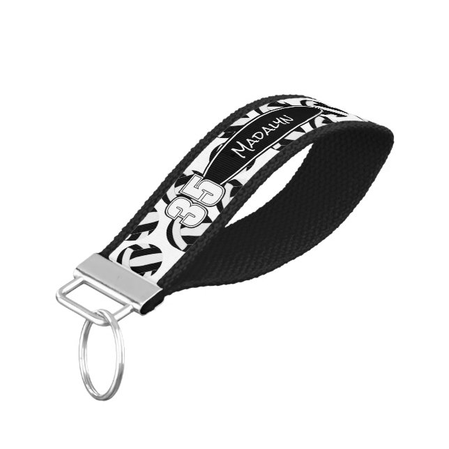 black white volleyballs athlete name wrist keychain (Angled Down)