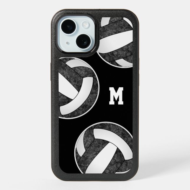 black white volleyballs girls monogrammed iPhone 15 case (Back)