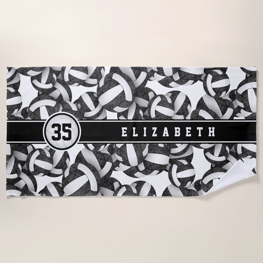 Black white volleyballs pattern her custom name beach towel