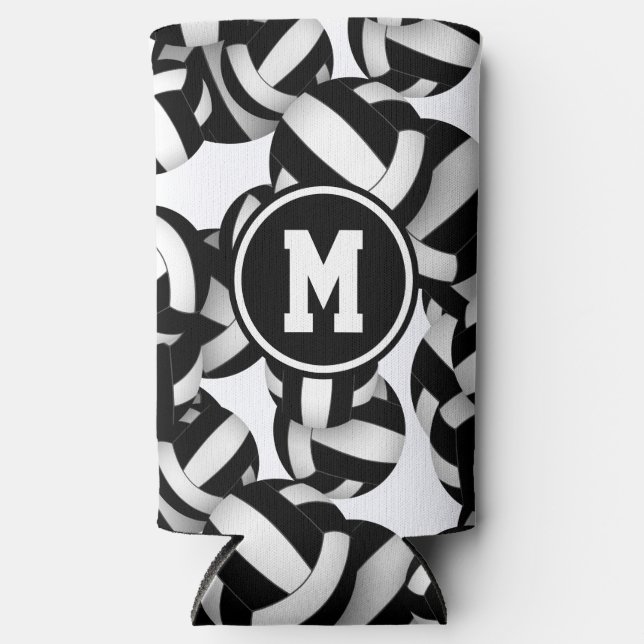 black white volleyballs pattern w player monogram seltzer can cooler (Front)