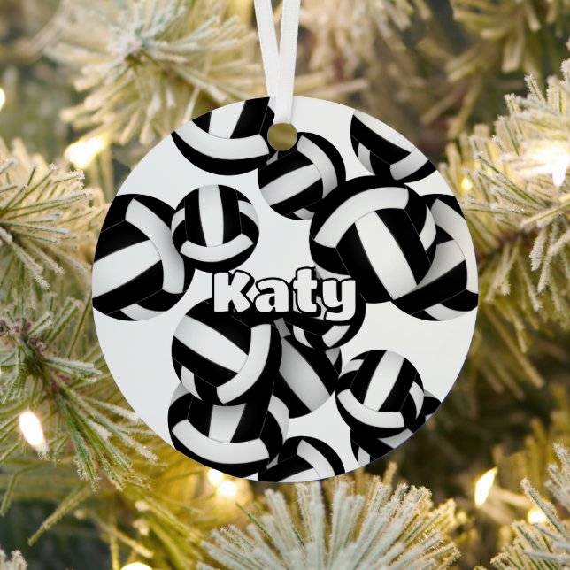 black white volleyballs w athlete name keepsake metal ornament (Insitu)