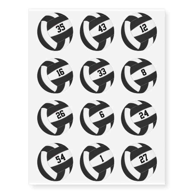 black white volleyballs w jersey numbers set 12 temporary tattoos (Front)