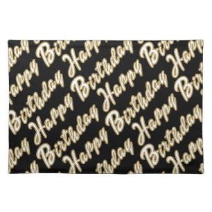 Black White w/ Gold Glitter Effect Happy Birthday Cloth Placemat