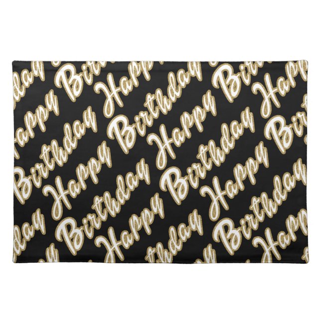 Black White w/ Gold Glitter Effect Happy Birthday Cloth Placemat (Front)