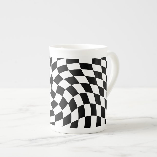 Black & White Warped Checkered Checkerboard Bone China Mug (Front Right)