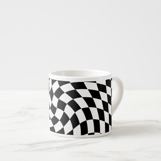 Black & White Warped Checkered Checkerboard Espresso Cup (Front Right)