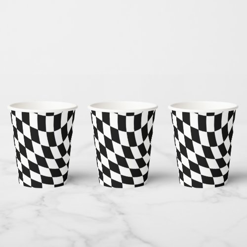 Black  White Warped Checkered Checkerboard Paper Cups