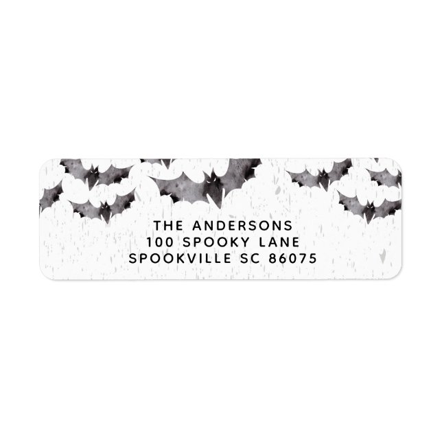 Black & White Watercolor Bats Halloween Label (Front)