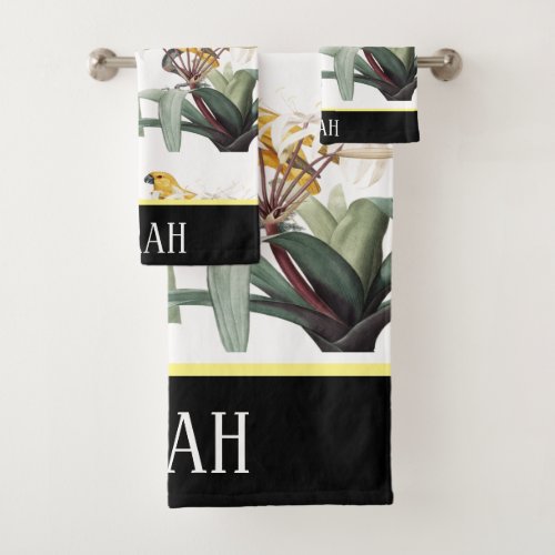 Black  White Watercolor Birds Floral Monogram Bath Towel Set