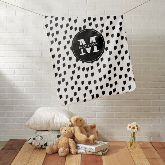 Black & White Watercolor Brushstroke Monogram Baby Blanket (In Situ)