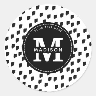 Black & White Watercolor Brushstroke Monogram Classic Round Sticker