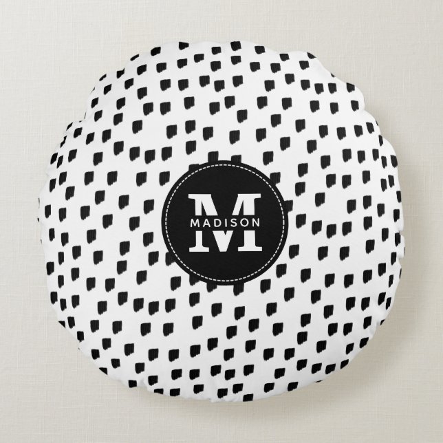 Black & White Watercolor Brushstroke Monogram  Round Pillow (Front)