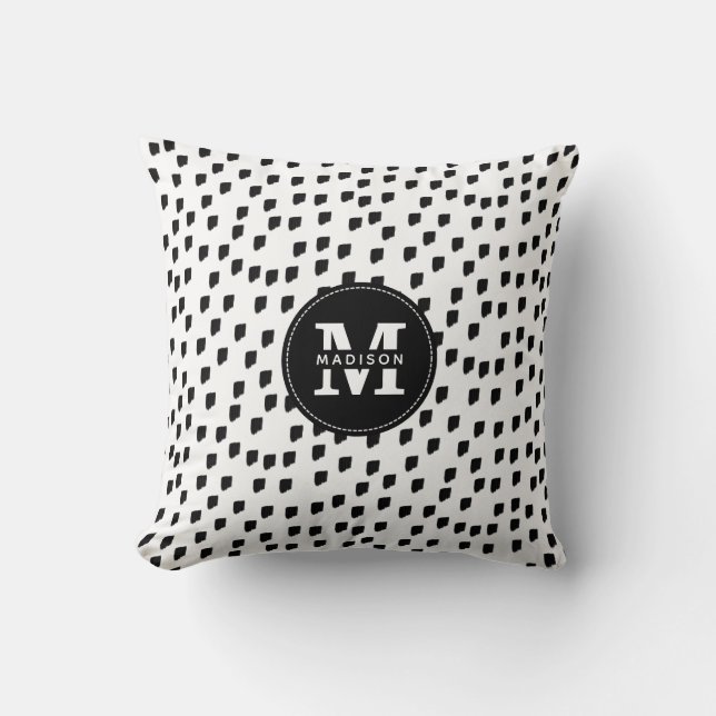 Black & White Watercolor Brushstroke Monogram  Throw Pillow (Front)