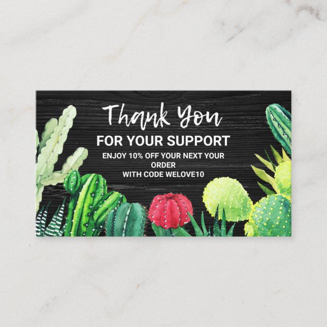 Black & White Watercolor Cactus Discount Business Card (Front)