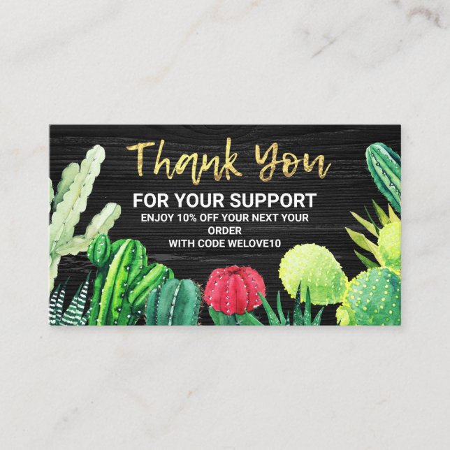 Black & White Watercolor Cactus Discount Business Card (Front)