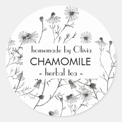 Black White Watercolor Chamomile Homemade Tea Classic Round Sticker