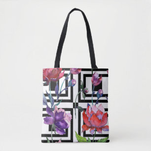 Black/White Watercolor Checkered Floral Tote Bag