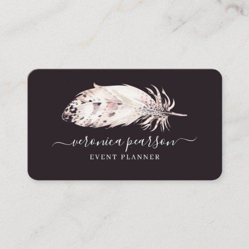 Black  White Watercolor Feather  Modern Minimal Business Card