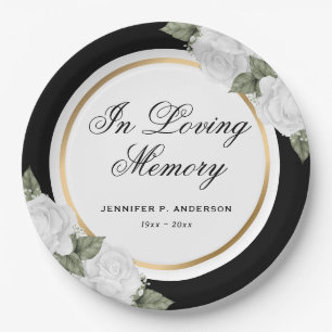 Black White Watercolor Floral Memorial Funeral Paper Plates
