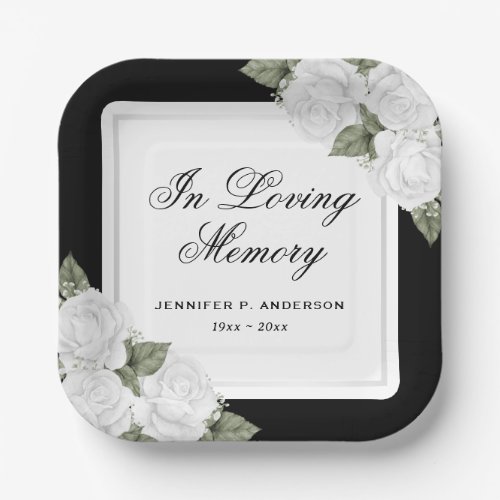 Black White Watercolor Floral Memorial Funeral Paper Plates