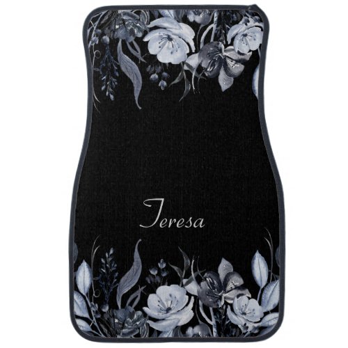 Black White Watercolor Floral Monogram Car Mats