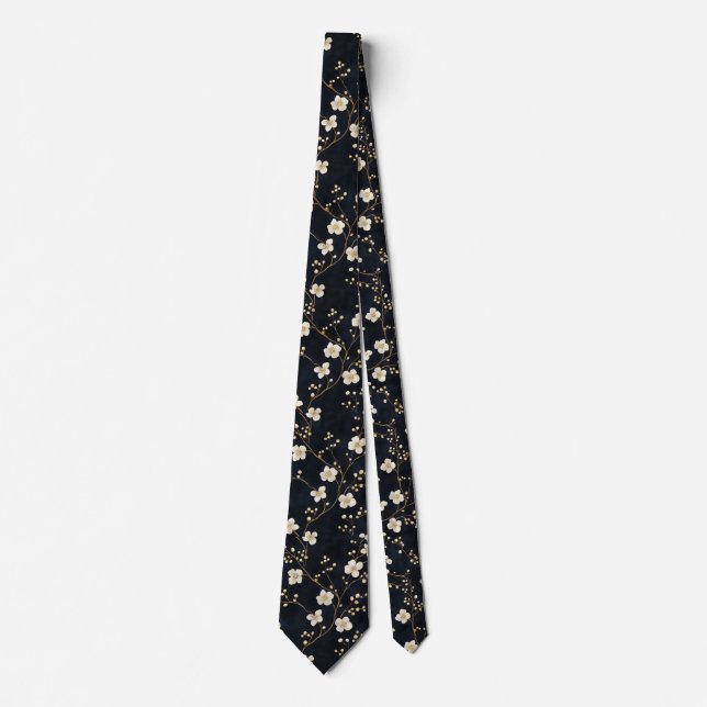 Black White Watercolor Flowers Branches Elegant Neck Tie (Front)