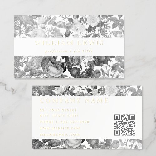 Black White Watercolor Flowers Gold Foil QR Code Business Cards