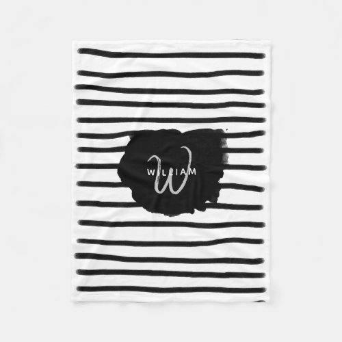 Black  White Watercolor Hand Drawn Lines Fleece Blanket