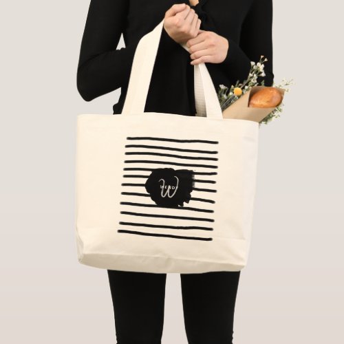 Black  White Watercolor Hand Drawn Lines   Large Tote Bag