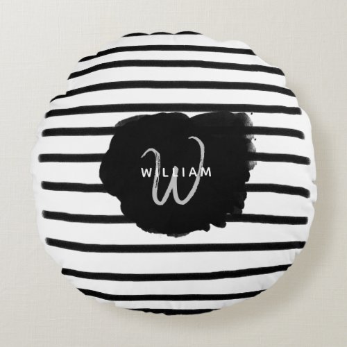 Black  White Watercolor Hand Drawn Lines Round Pillow