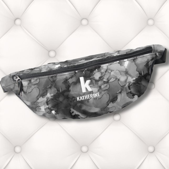 Black White Watercolor Monogram Initial Fanny Pack (Cute Monogram Initial Name Black White Watercolor Fanny Pack )
