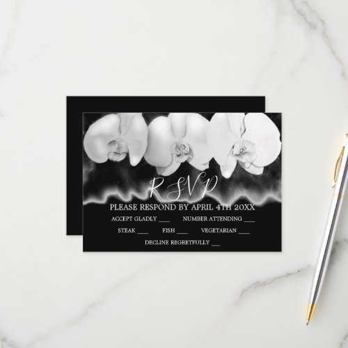 Black white watercolor orchids  RSVP card