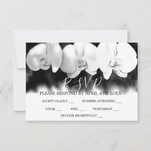Black white watercolor orchids  RSVP card
