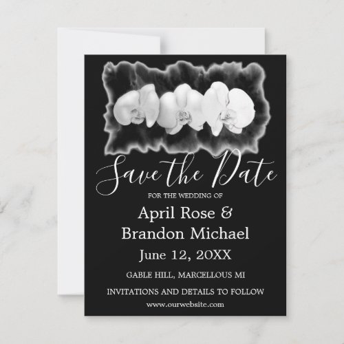 Black white watercolor orchids tropical floral save the date