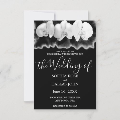 Black white watercolor orchids wedding invitation