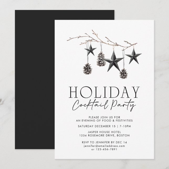 Black White Watercolor Ornaments Holiday Party Invitation (Front/Back)