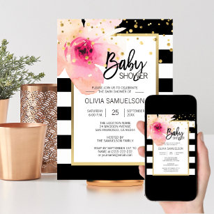 Black White Watercolor Pink Floral Baby Shower Invitation