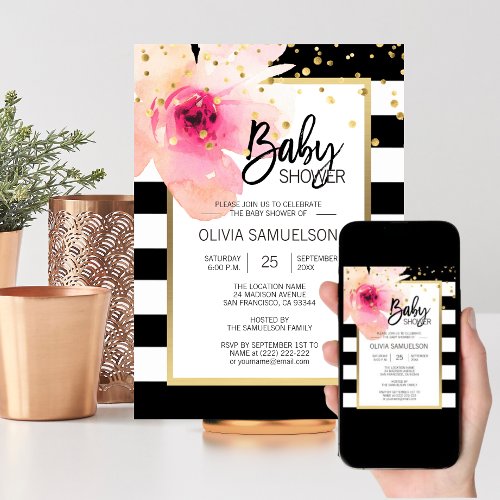 Black White Watercolor Pink Floral Baby Shower Invitation