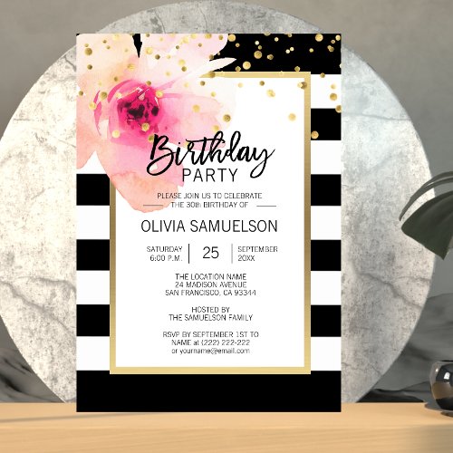 Black White Watercolor Pink Floral Birthday Party Invitation